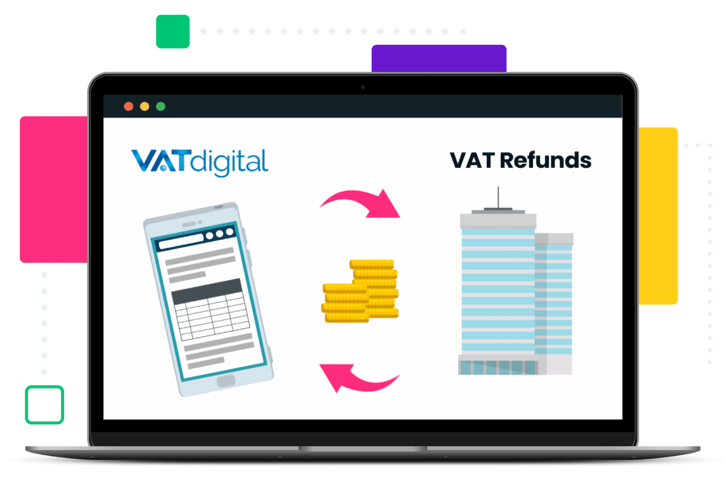 EU vat refunds demonstrated on laptop with phone and coins