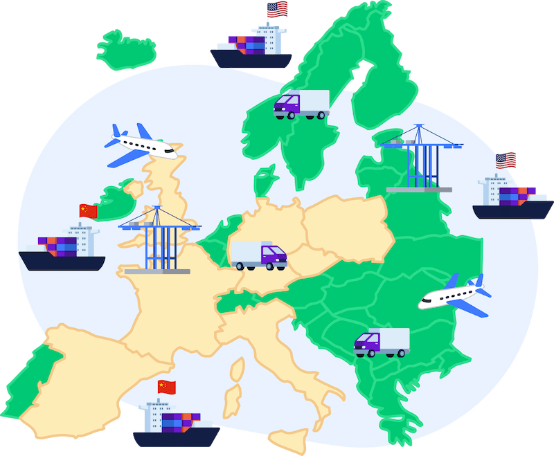 Map of EU showing import one stop shop routes